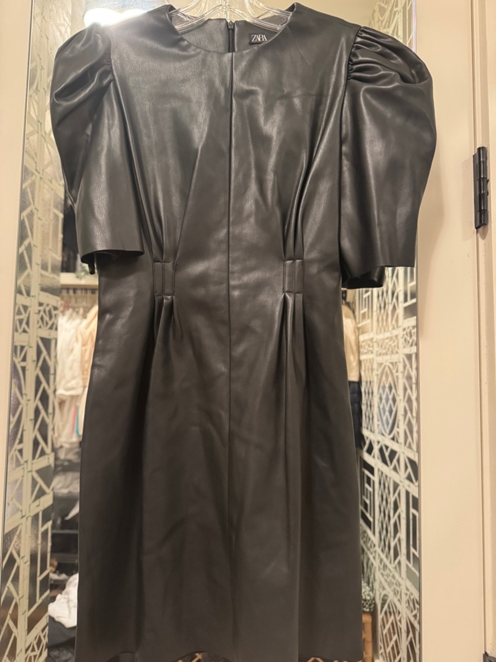 Zara Black Faux Leather Puff Sleeve Dress